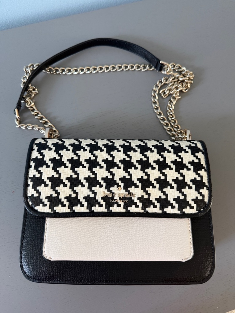 kate spade Black & White Houndstooth Crossbody with silver Chain